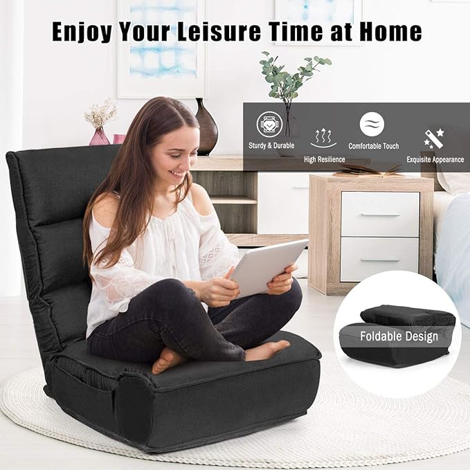 DORTALA Foldable Floor Chair for Adults Memory Foam Gaming Chair w/ 5-Position Adjustable Head and Back Support Indoor Seat for Bedroom Living Room Gaming Room Black