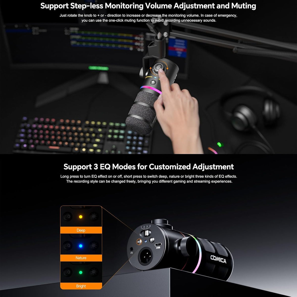 COMICA D10 Pro D Wireless/XLR/USB Dynamic Microphone with Receiver Desktop Stand- Dual Channel Cardioid Mic, 45H Battery, RGB Lights, CalMix Denoise for Gaming/Streaming/PD(PC, PS4/5, Mac,Phone-White