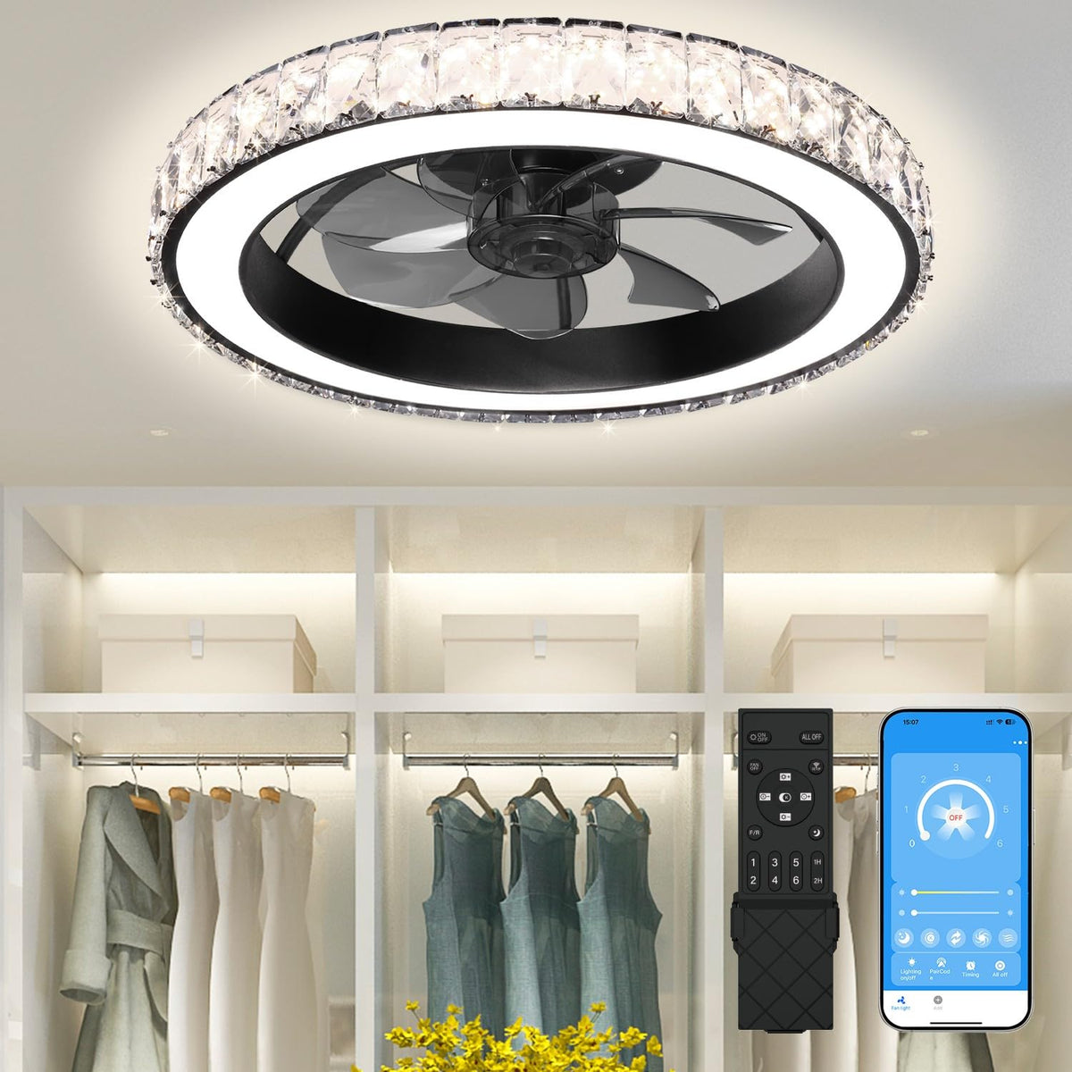 Aipsun Low Profile Modern Crystal Chandelier Ceiling Fans with Lights and Remote, 3000K-6500K Smart Bladeless LED Fan, 18 Black