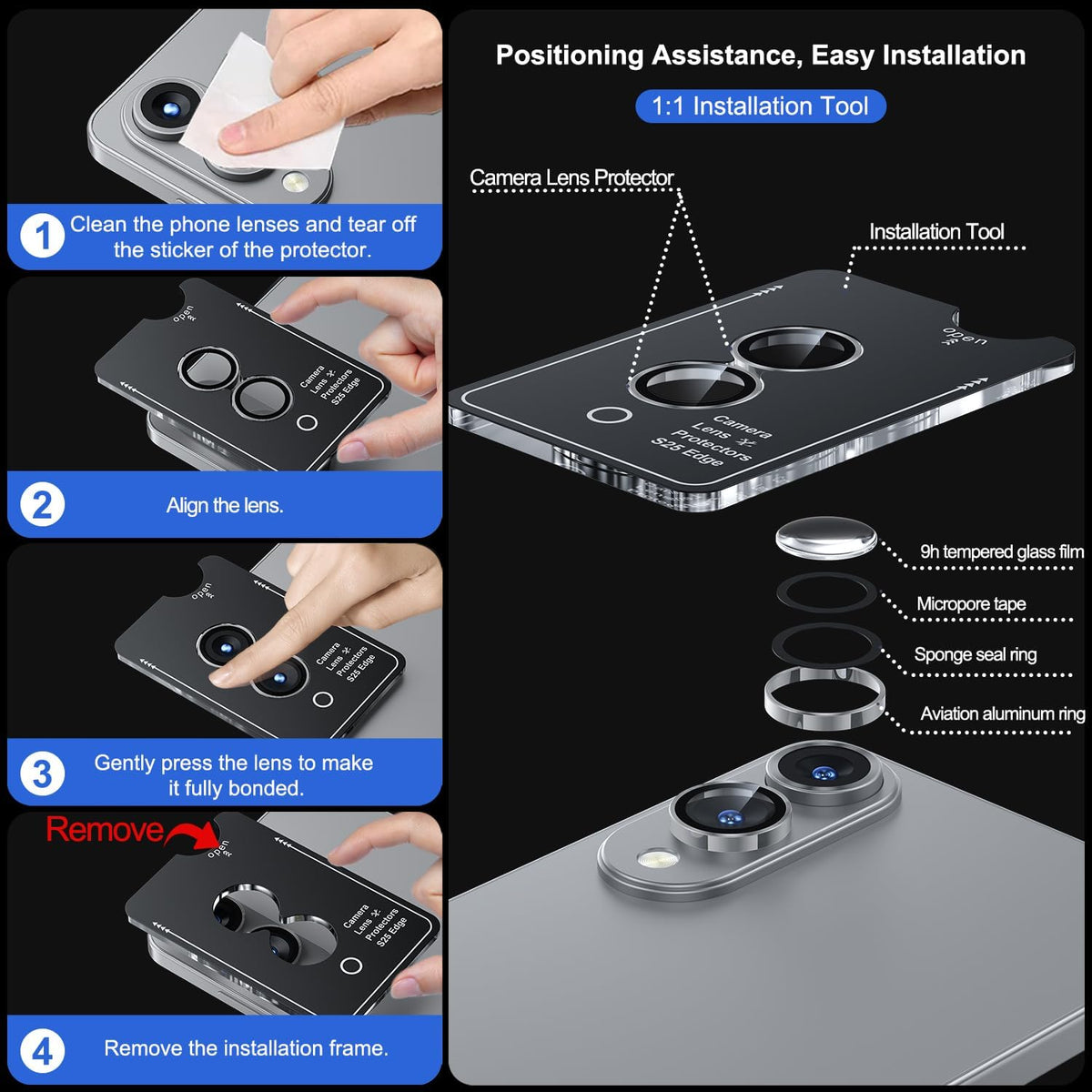 WSKEN for Samsung Galaxy S25 Edge Camera Lens Protector - Edge Thin Case Friendly, 9H Shatterproof Tempered Glass with Aluminum Metal Circle Camera Screen Protector Cover Accessories, Silver