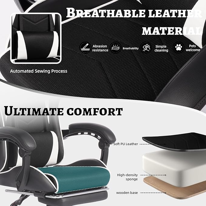 Modern High Back Gaming Chair PU Leather Computer Chair with Wheels Footrest Massage Lumbar Support Height Adjustable Swivel Game Chairs for Work or Home Office (Black White)