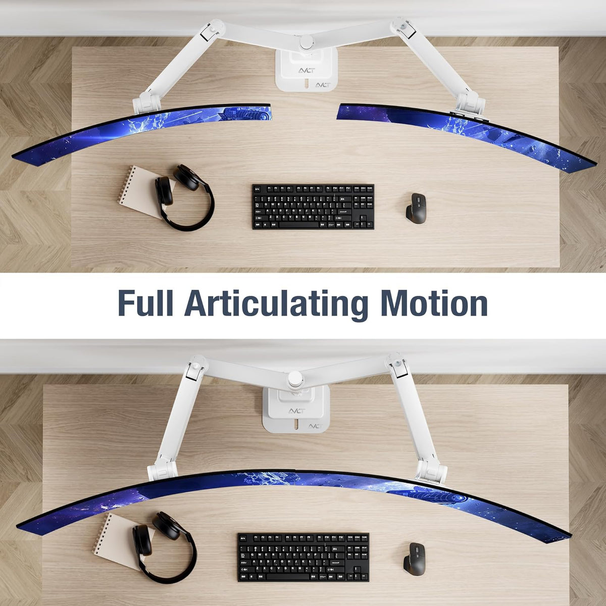 AVLT Dual 57 Inch Heavy Duty Stacking Monitor Arm Pole Top Mount With USB-C USB-A Ports-White, Height Adjustable, Easy Install Top C-Clamp/Grommet With Reinforcement Plates, VESA Compatible 200/100/75