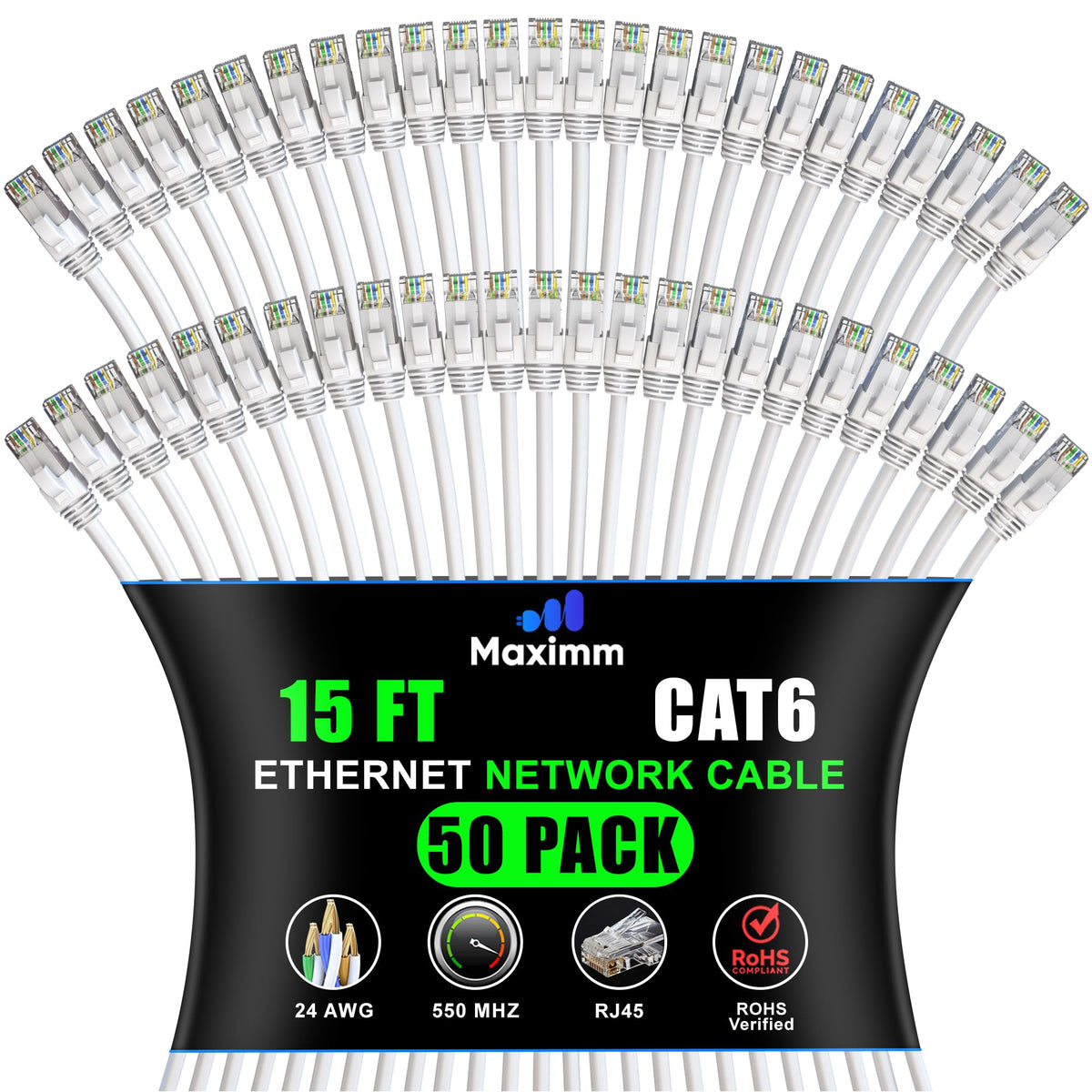 Maximm Cat 6 Ethernet Cable 15 ft (50-Pack) - High-Speed LAN, Internet, Patch, and Network Cord - UTP, 10Gbps, 550MHz - White