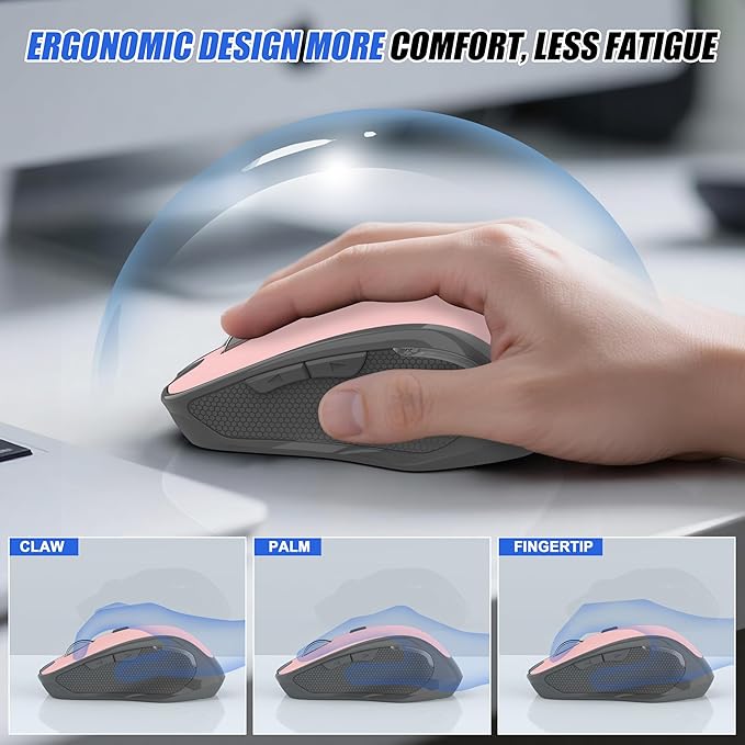 Bluetooth Wireless Mouse for Mac MacBook Air iPad Pro PC Ergonomic Rechargeable Computer Mouse with Jiggler Mode 3 DPI Levels & Forward/Back Buttons Laptop Mice for Office/Home/School Pink