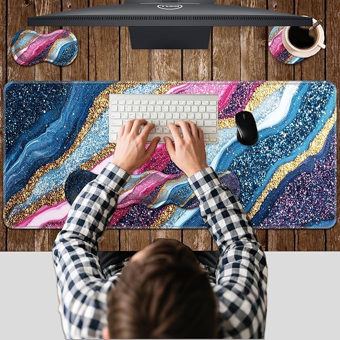 Ergonomic Keyboard Wrist Rest & Mouse Pad Wrist Rest SetXL Gaming Desk Mat 31.5x 11.8Non-Slip BaseMemory FoamEasy Typing Pain Relief for Office & HomePink Blue Gold Glitter
