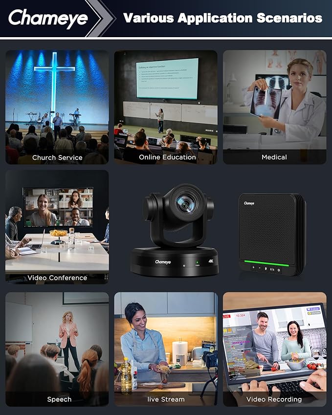 Chameye 4K Video Conference Room Camera AI Auto Tracking PTZ Camera 4K 20X Zoom LAN HDMI USB3.0 PTZ Cam and Bluetooth Conference Speaker&Microphone Bundle for Large Remote Meeting CB201 Black