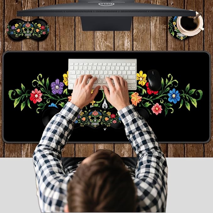 Ergonomic Keyboard Wrist Rest & Mouse Pad Wrist Rest SetXL Gaming Desk Mat 31.5x 11.8Non-Slip BaseMemory FoamEasy Typing Pain Relief for Office & HomeFloral Skull