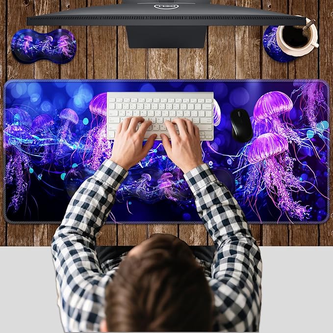 Ergonomic Keyboard Wrist Rest & Mouse Pad Wrist Rest SetXL Gaming Desk Mat 31.5x 11.8Non-Slip BaseMemory FoamEasy Typing Pain Relief for Office & HomeNeon Purple Jellyfish