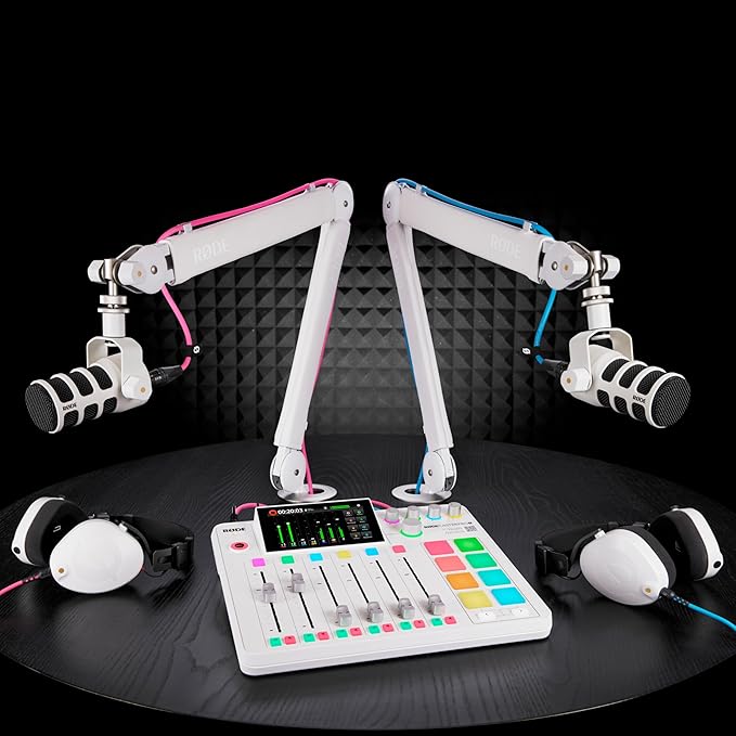 Rode PodMic Cardioid Dynamic Broadcast Microphone (White Pair) with 2X Round Base Desktop Mic Stands Monitoring Headphones XLR Cables and Polishing Cloths