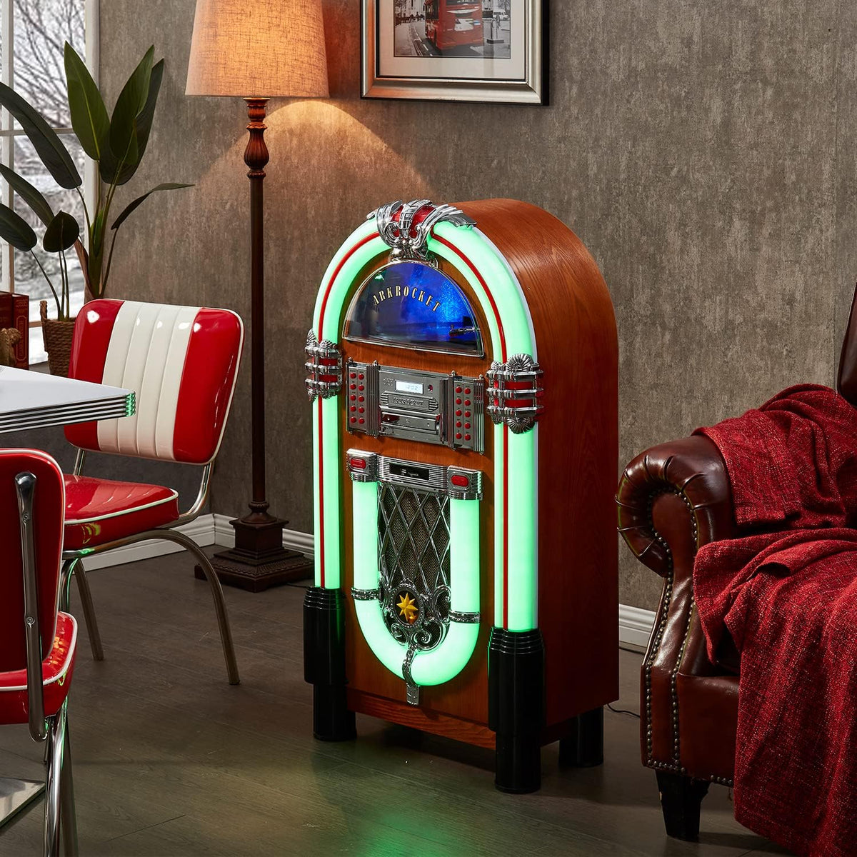 Arkrocket Taurus II Mid-Size Jukebox Entertainment Center Bluetooth Vinyl Record Player Turntable CD Player Radio SD USB Player (Maple)…