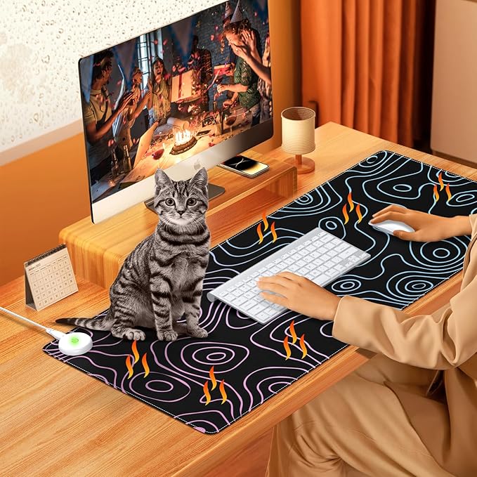 iLeadon Heated Mouse Pad Heated Desk Mat Electric Warm Desk Pad with 4 Heating Levels & 4 Auto Shut-Off Levels 35.4 x 15.7 Large Safe Desk Mat Hand Warmer for Home Office Work Black Topograp