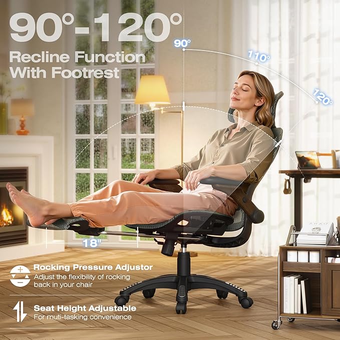 ELABEST X100 Ergonomic Mesh Office Chair with Footrest Big and Tall Hone Desk Chair with 5D Flip-Up Arms Adjustable 3D Lumbar SupportGaming & Executive Computer Chairs