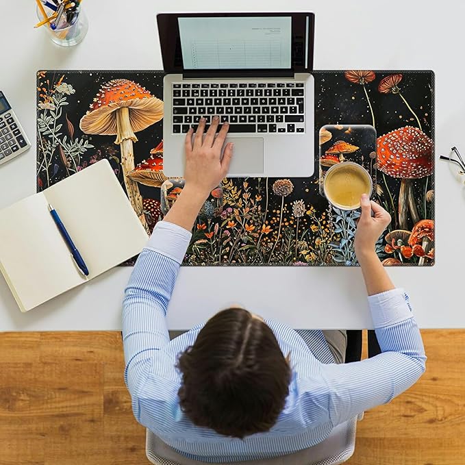 Ergonomic Desk Pad Mat & Keyboard Wrist Rest Set 3-in-1 Office Mouse Pad with Memory Foam Support Non-Slip Computer Blotter for Home Gaming & Writing 23.6 x 11.8 Mushroom