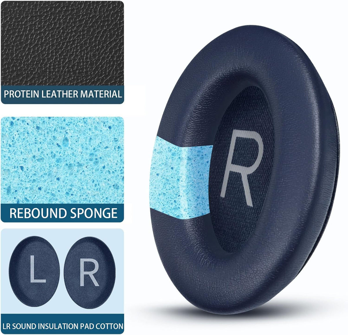 Headphones Replacement Ear Pads, Protein Leather earpad Cushions for Bose QuietComfort 45(QC45) Headphones, Softer Memory Foam - Navy Blue