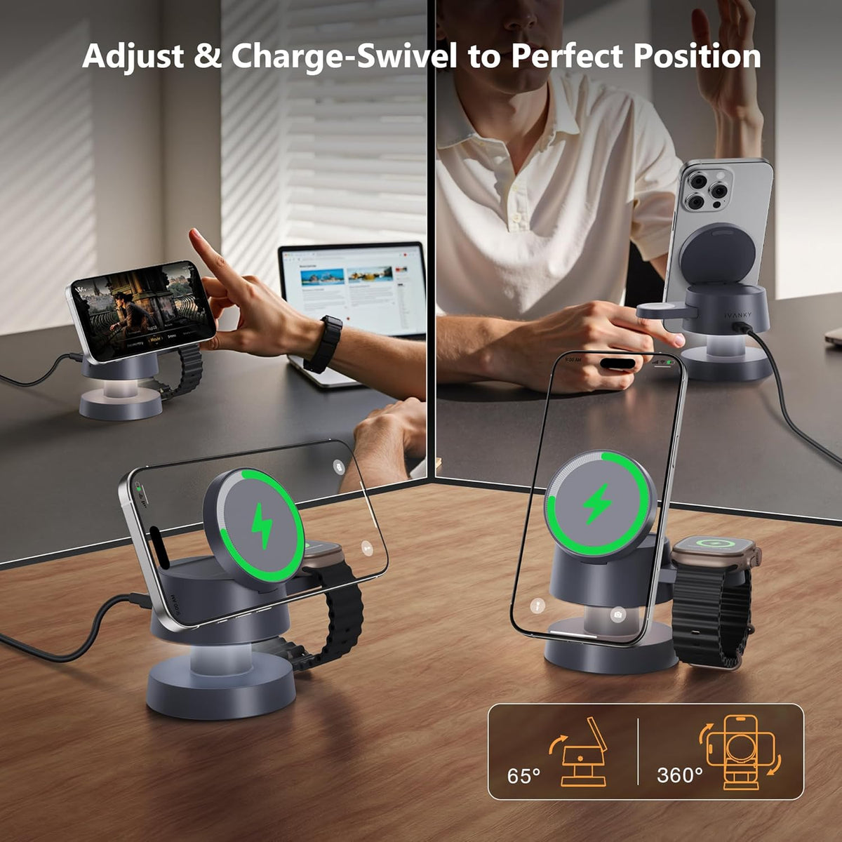iVANKY 4 in 1 Wireless Charging Station with Night-Lamp for MagSafe Magnetic Charger Travel Stand, 3-in-1 Fast Charge for iPhone 17-11, for Apple iWatch, Airpods(Dual C-Port 100W Adapter Included