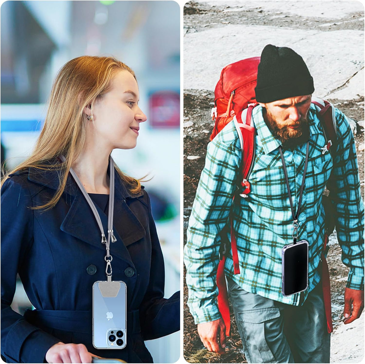 CACOE Phone Lanyard 2 Pcs-2 Pcs Adjustable Neck Strap,4 Pcs Patches,Universal Crossbody Multifuctional Cell Phone Lanyards Compatible with Most Smartphones(Black+Light Gray)