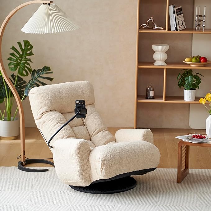 Gaming Chair Floor Sofa 360° Swivel Gaming Lounge Chair with Adjustable Backrest & Armrests Game Chair w/Phone Holder & Side Pocket Teddy Fluffy Recliner for Bedroom Living Room Dorm (Beige