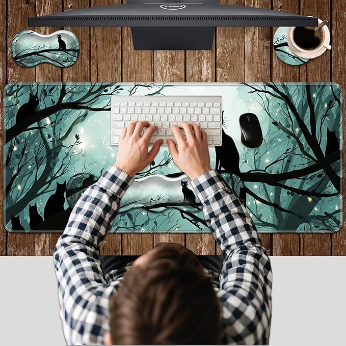 Ergonomic Keyboard Wrist Rest & Mouse Pad Wrist Rest SetXL Gaming Desk Mat 31.5x 11.8Non-Slip BaseMemory FoamEasy Typing Pain Relief for Office & HomeCats in Moonlit Forest