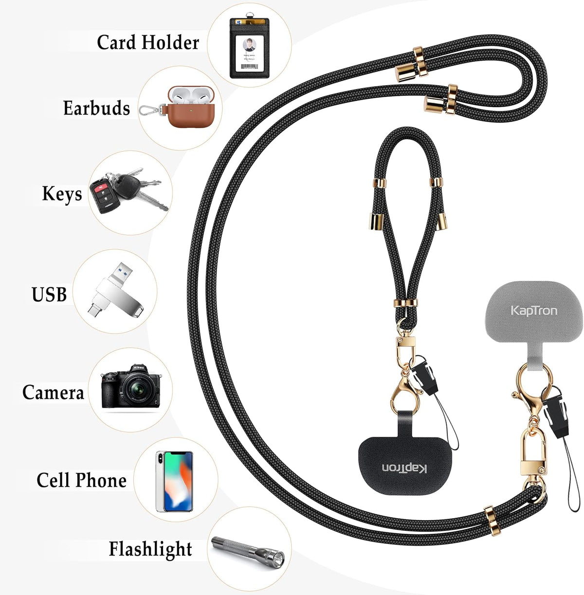 Universal Phone Lanyard with Wrist Strap, Adjustable Crossbody Cell Phone Lanyard Neck Strap and Wristlet Strap with 2 Lobster Clips, Phone Tether Patches and Phone Straps (Black/Gold, 2 Pack)