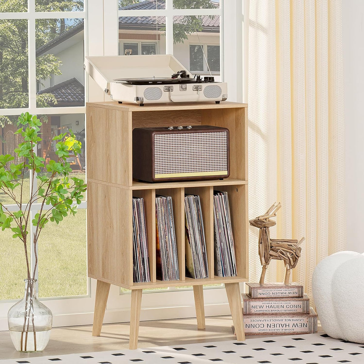 Lerliuo Record Player Stand, Burlywood Turntable Stand Holds up to 160 Albums, Mid-Century Vinyl Storage Cabinet Table with Solid Wood Legs, Record Player Holder Dispaly Shelf for Bedroom Living Room