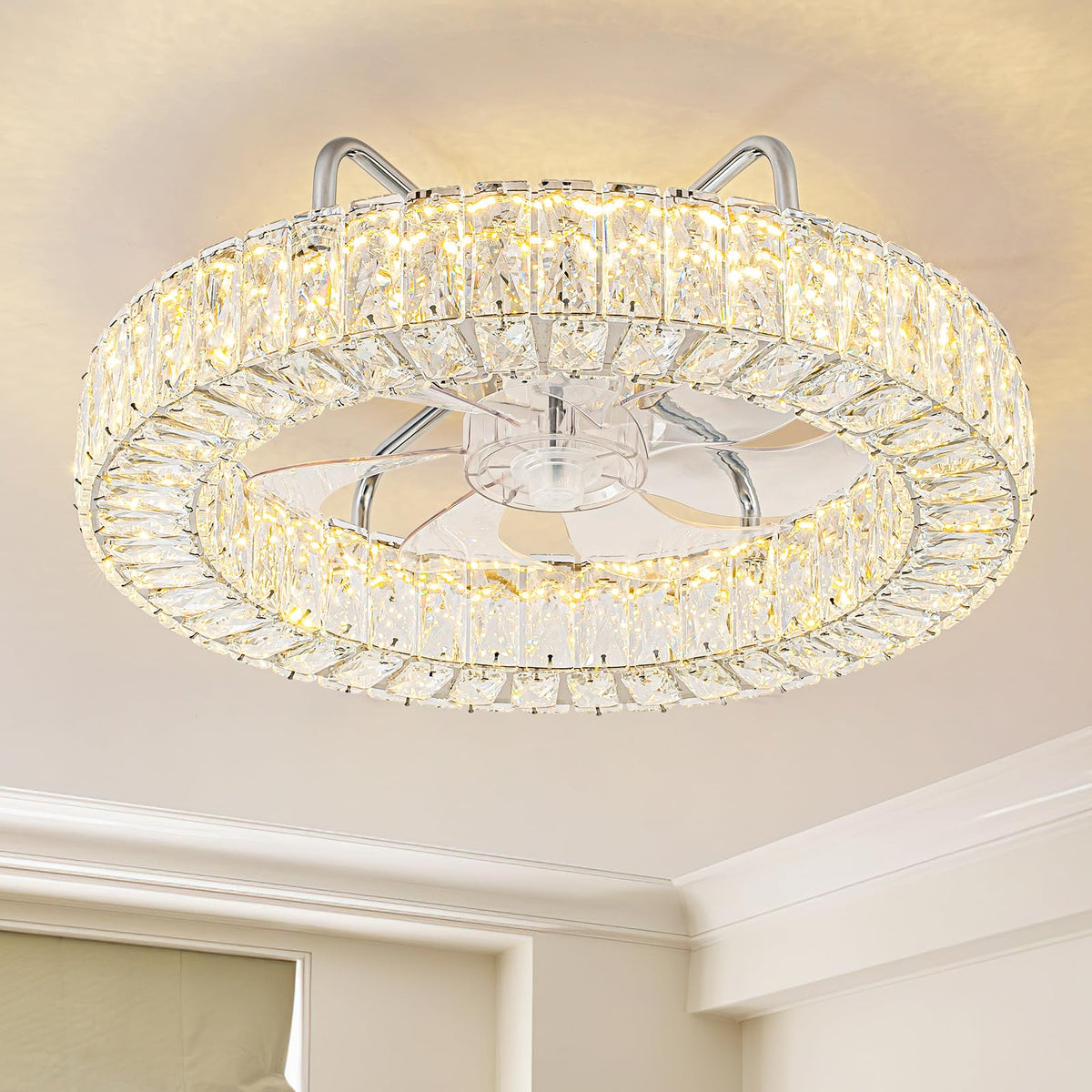 Zswanbei Fandelier Flush Mount Ceiling Fan with Lights and Remote Dimmable Crystal Ceiling Fan Chandelier 6 Wind Speeds 3 Color
