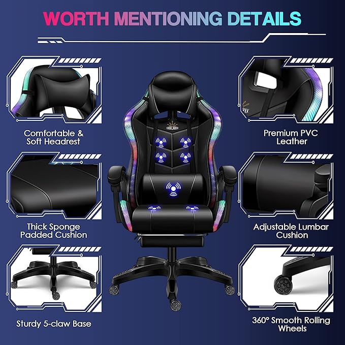 Gaming Chair for Adults with Speakers Massage Computer Office Chair RGB Gamer Chair with Footrest and Lumbar Support Music Video Game Chair High Back PU Leather Ergonomic Desk PC ChairPink