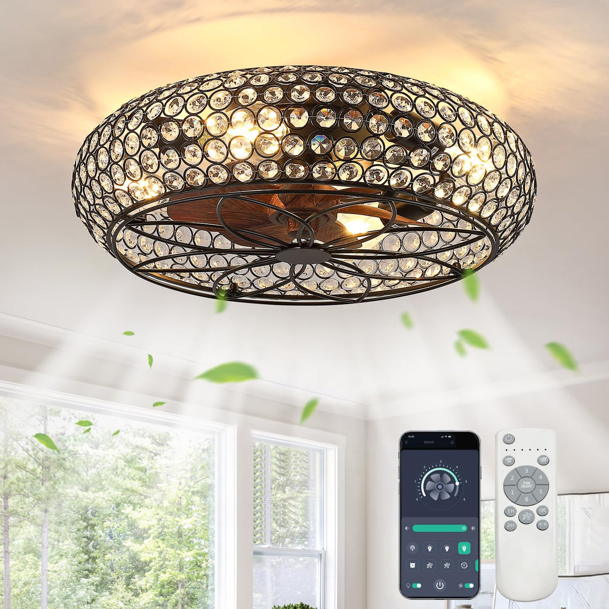 Modern Chandelier Crystal Ceiling Fans with Lights and Remote, 20-Inch Low Profile Bladeless Flush Mount Caged Ceiling Fan for B