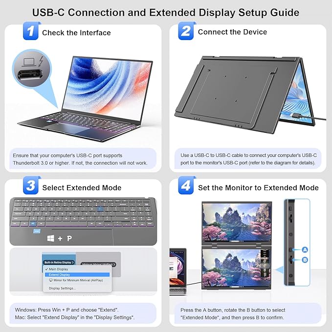 Dual Portable Monitor 15.6 1080P FHD IPS Folding Stacked Triple Laptop Screen Extender USB-C Plug & Play Travel Extended Computer Display for Laptop PC Windows Mac w/Stand & VESA Mountable