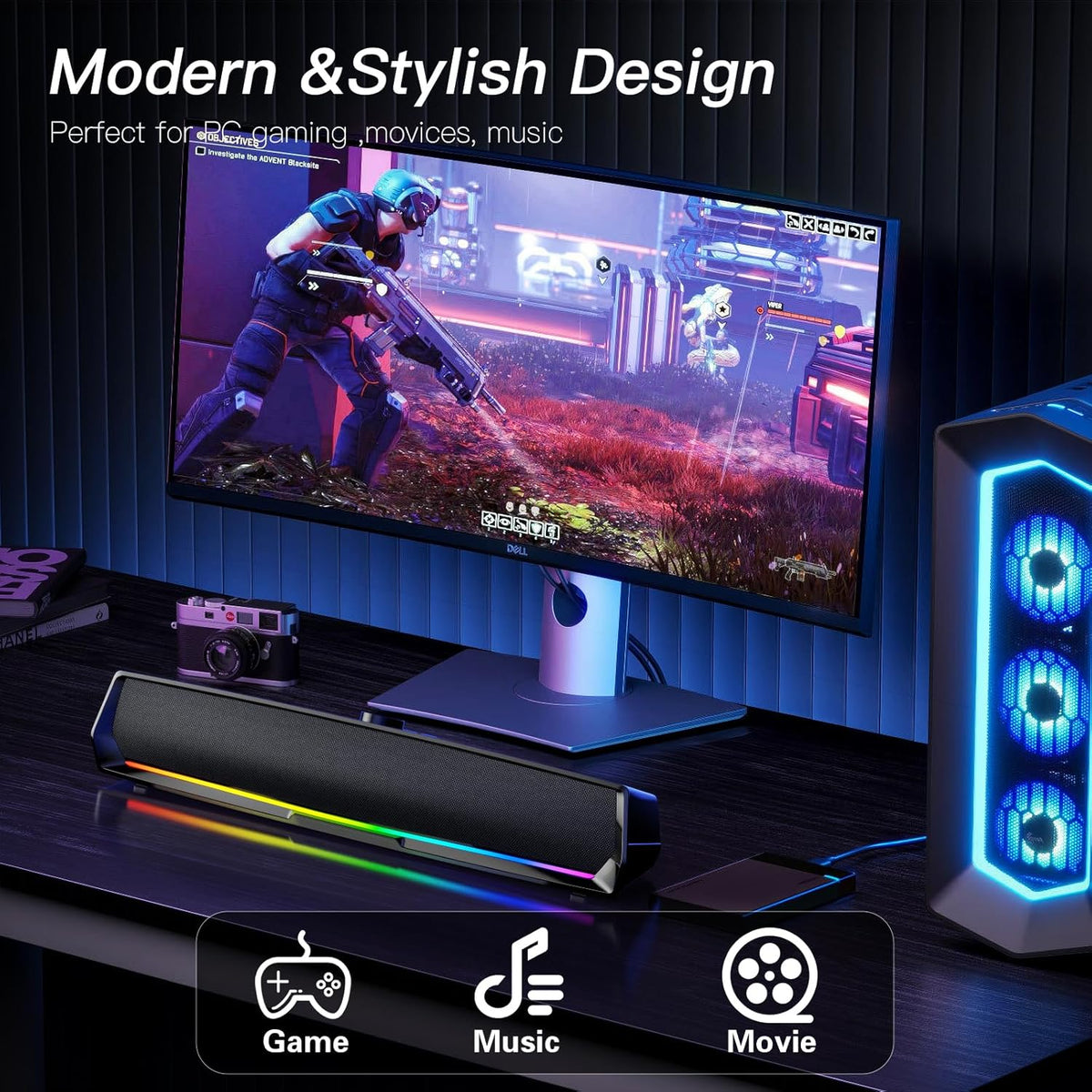 Computer Speakers for Desktop,PC Speakers Gaming Sound bar with Colorful Light,USB Speaker with Bluetooth for PCs Monitor Laptop Tablets,Wired Bluetooth Speaker for Phones(Type-C Adapter Included)