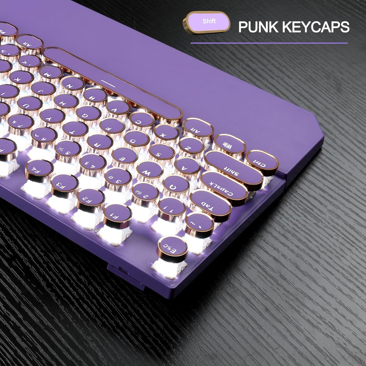 MageGee Typewriter Mechanical Gaming Keyboard, Retro Punk Purple Round Keycaps, 104 Keys LED White Backlit Wired Keyboards for Laptop MAC PC Gamer, with Magnetic Wrist Rest, Blue Switch