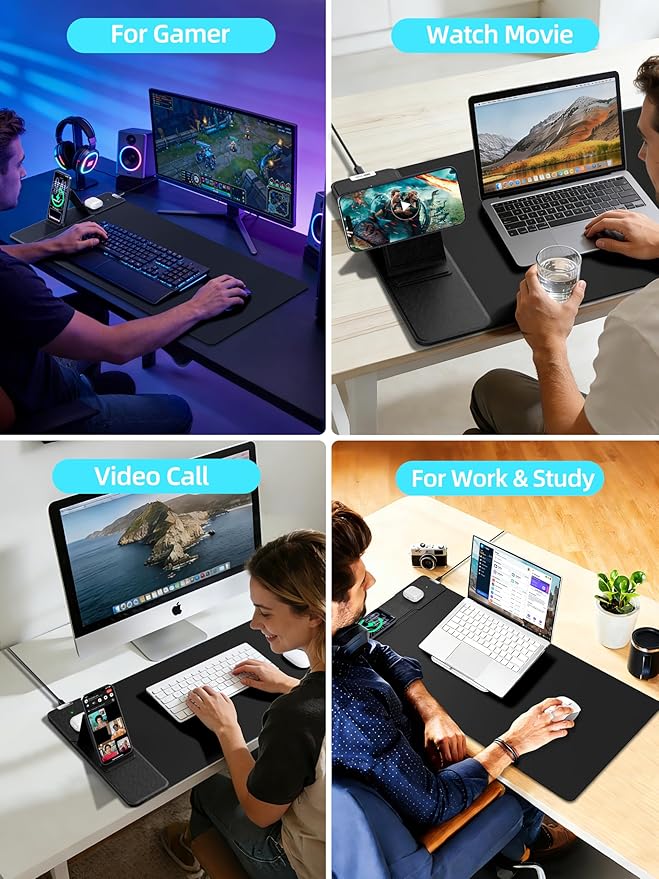 Mouse Pad with Magnetic Wireless Charging & Adjustable Phone Stand 31.5x15.8 Extended Desk Mat Waterproof Ultra-Smooth Keyboard Pad Non-Slip Base with 20W PD Adapter Black