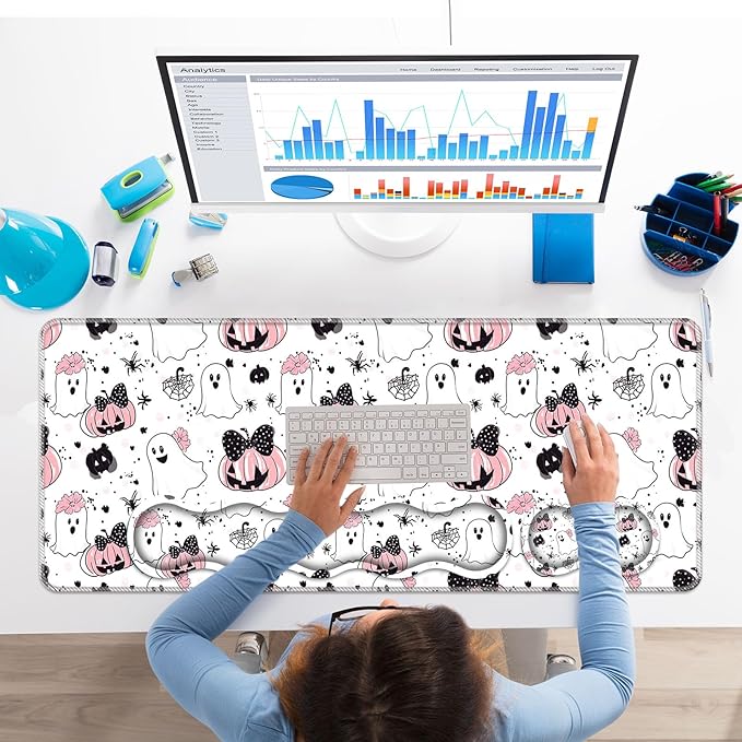 Keyboard Wrist Rest SetMemory Foam Wrist Support Mouse Pad31.5x11.8 Desk Mat for Comfortable Typing & Pain ReliefNon-Slip Base for Office & Home Use - Cute Ghost Skull Pumpkin