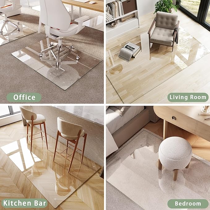 Tempered Glass Chair Mat 55x36 – Ultra-Clear Office Chair Mat for Hardwood Floors & Low-Pile Carpets – Heavy-Duty 0.2 Scratch-Resistant Surface with Non-Slip Pads – Supports 1000 lbs