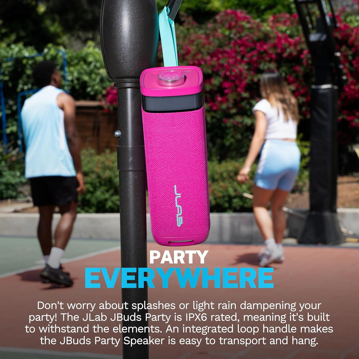 JLab JBuds Party Portable Bluetooth Speaker, 2 Full-Range Drivers + 2 Passive Woofers, IP56 Waterproof, 12 Hours Playtime, Connect Multiple Speakers, Custom Sound + RGB Lighting via App, Pink
