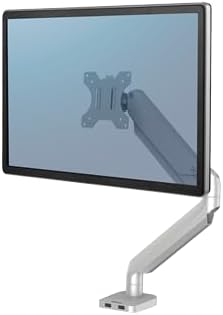 Fellowes Platinum Series Single Monitor Arm for 40-Inch Monitors, Full Motion, 360° Rotation, VESA Mount with Grommet or Clamp, USB Ports, Ergonomic, Silver, 8056401