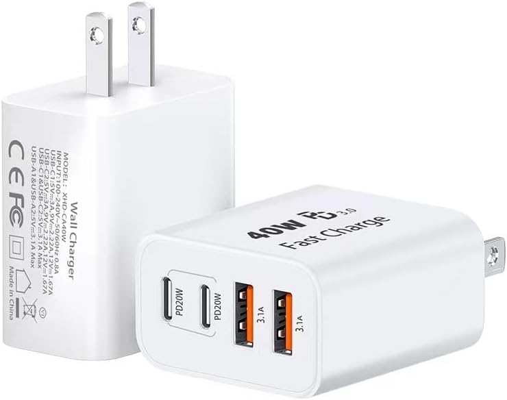 TT&C USB C Block 40W, 4 Ports Wall Plug Fast Charging Block, PD+QC Multiport Power Adapter USB C Charger Type C for iPhone 16,15,14,13,12,11, Pro Max, X, Xr, Xs, 8, Watch, Galaxy Phones (White 2Pack)