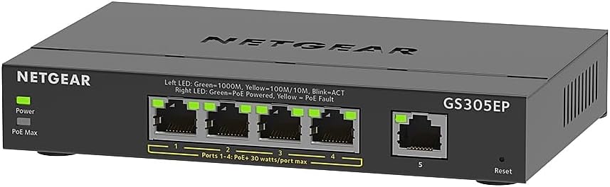 NETGEAR 5 Port PoE Gigabit Ethernet Easy Smart Managed Essentials Switch (GS305EP) - with 4 x PoE+ @ 63W, Desktop or Wall Mount