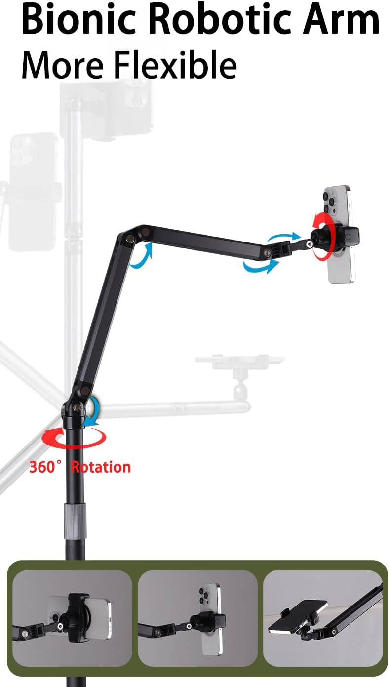 Phone Floor Stand for Recording Cell Phone Holder for Bed, Adjustable Tall Stand with Ultra-Long Extension Arm, 360° Swivel, Compatible with iPhone Samsung and More