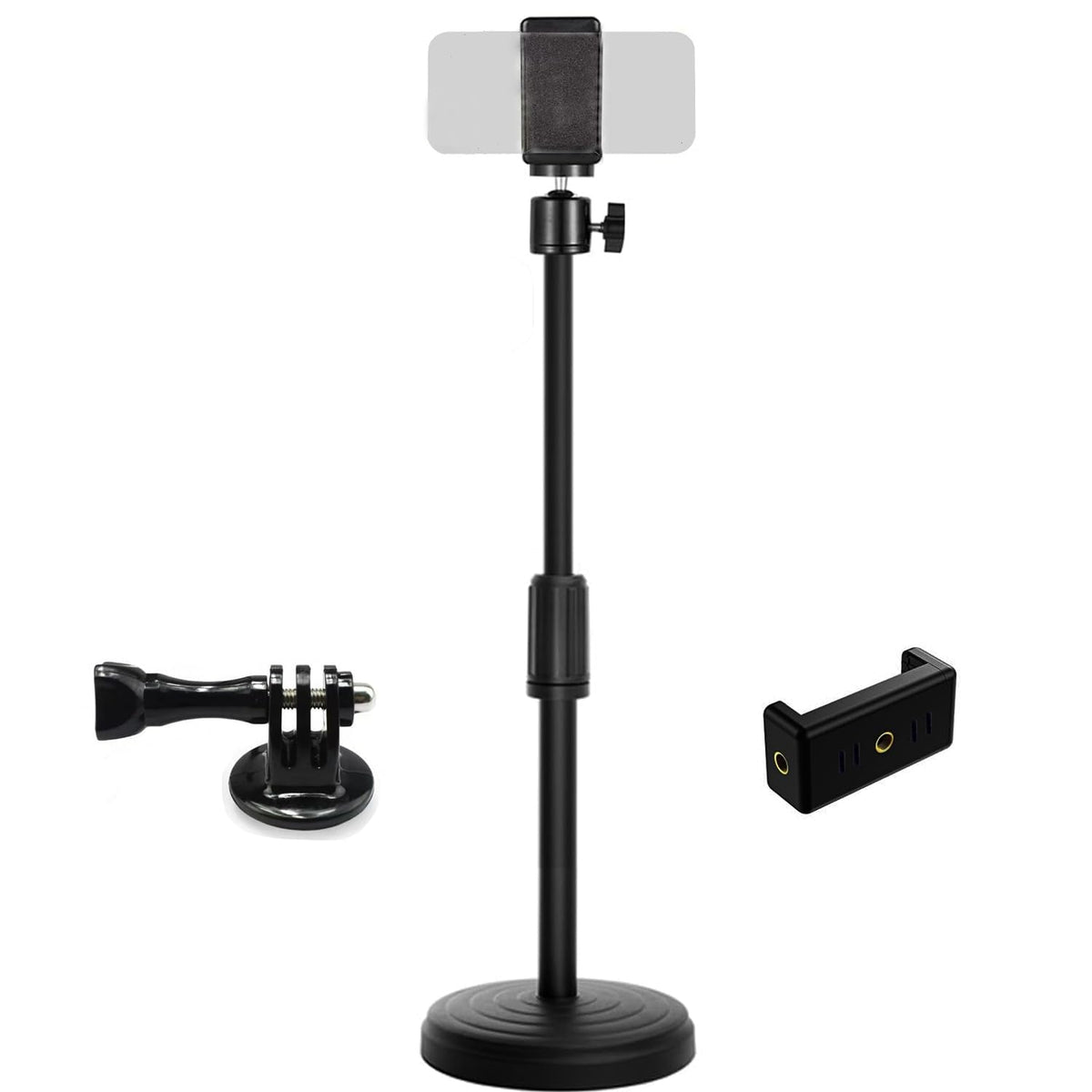 Webcam Stand with Phone Holder, Adjustable Height Desk Camera Mount for Logitech C920 C922 C925e C930e, 1/4" Threaded Desktop Tripod Stand for Live