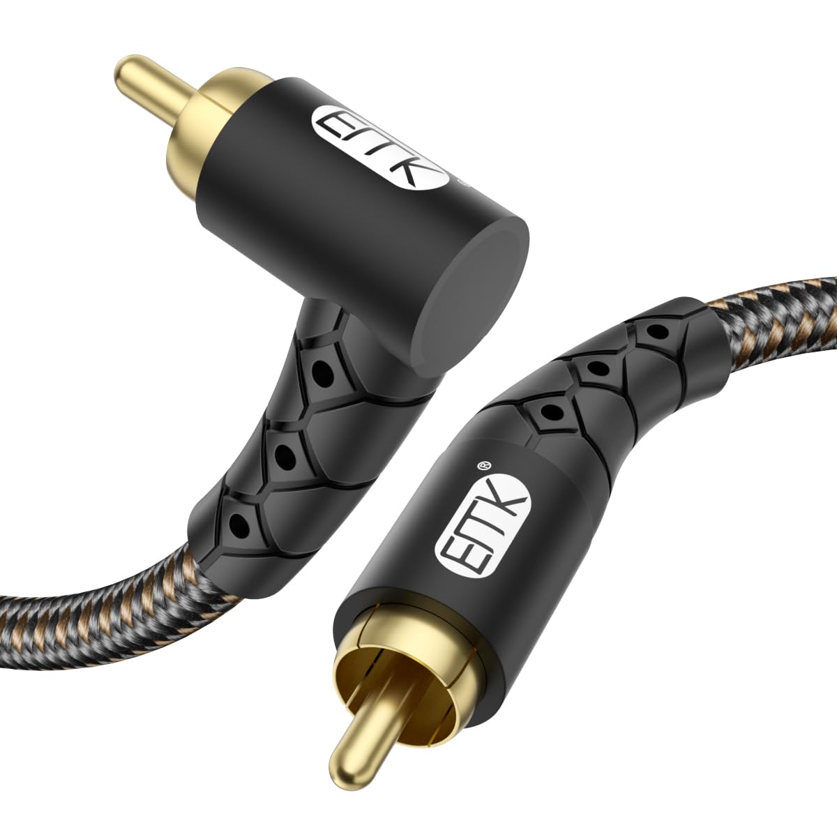 EMK 90 Degree RCA Subwoofer Cable 24K Gold-Plated Connector Nylon Braided Double Shielded – Support Digital & Analog Signals for Amplifier, Home Theater, Hi-Fi System,Subwoofer Black/10ft/3m
