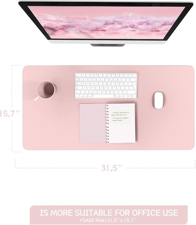 YSAGi Non-Slip Leather Desk Pad Blotter, Waterproof Laptop Computer Desk Keyboard Mat, Table Protector Mat, Large Mouse Pad for Office/Work/Home/Decor(Pink, 31.5" x 15.7")