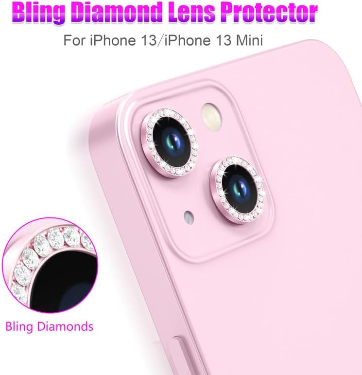 AGVEE 3+3 6 Pack for iPhone 13 6.1 inch / 13 Mini 5.4 inch Camera Lens Cover Protector, Bling Diamond & Bling Glitter Metal Ring 9H Tempered HD Glass Camera Cover Protector Film, Bling-Pink