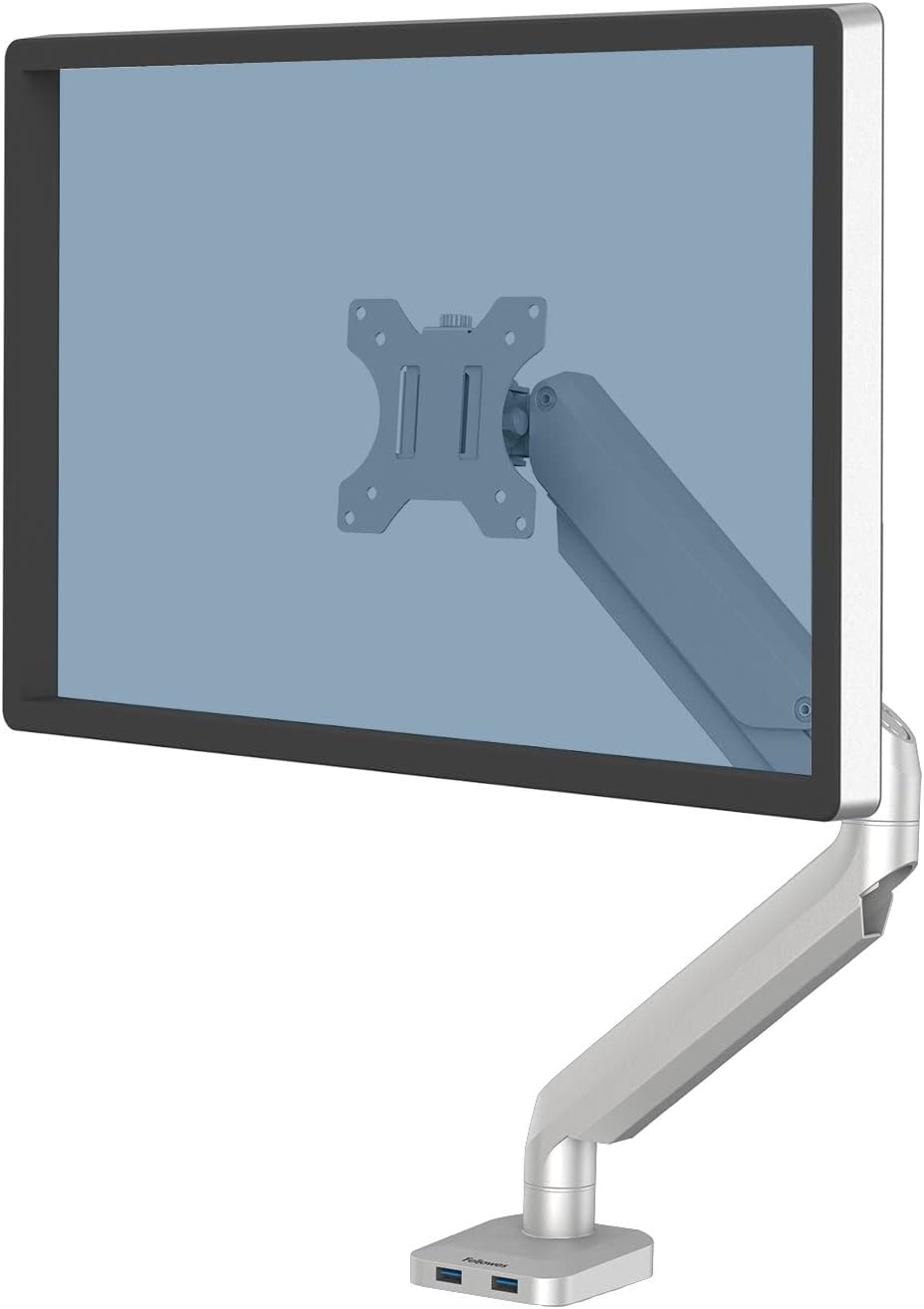 Fellowes Platinum Series Single Monitor Arm for 40-Inch Monitors, Full Motion, 360° Rotation, VESA Mount with Grommet or Clamp, USB Ports, Ergonomic, Silver, 8056401