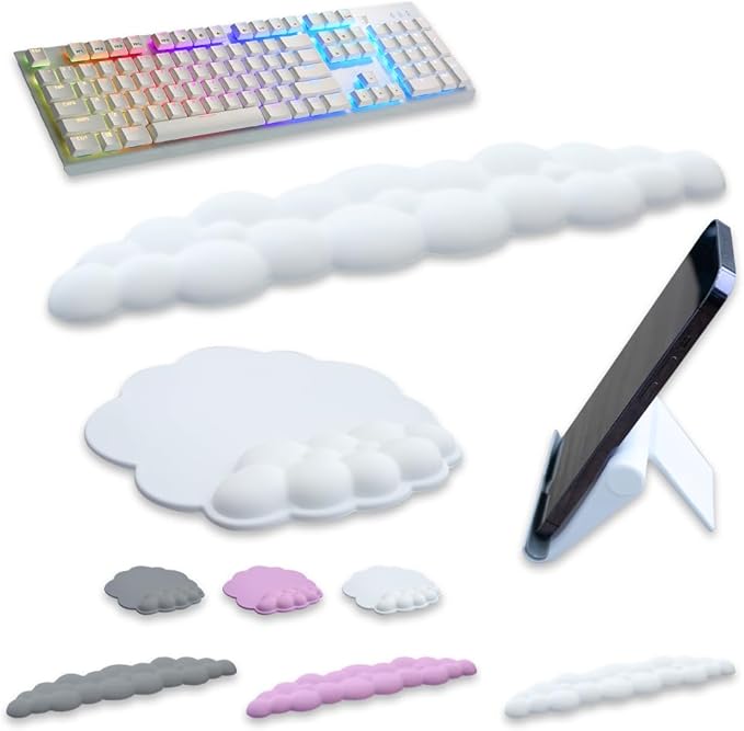 CLOUDIX - Cloud Keyboard Wrist Rest. Set Mouse Pad Phone Holder Tablet Holder Ergonomic Cloud Wrist Pad with Memory Foam Non-Slip Base for Typing Pain Relief Home Office Laptop Gaming (Pink)