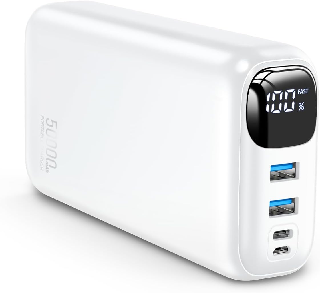 Portable Charger 50000mAh Power Bank - 22.5W Fast Charging External Battery Pack, LED Display USB-C Portable Cell Phone Charger for iPhone 16/15/14/13 Pro, Android, Samsung Galaxy, Etc(White)