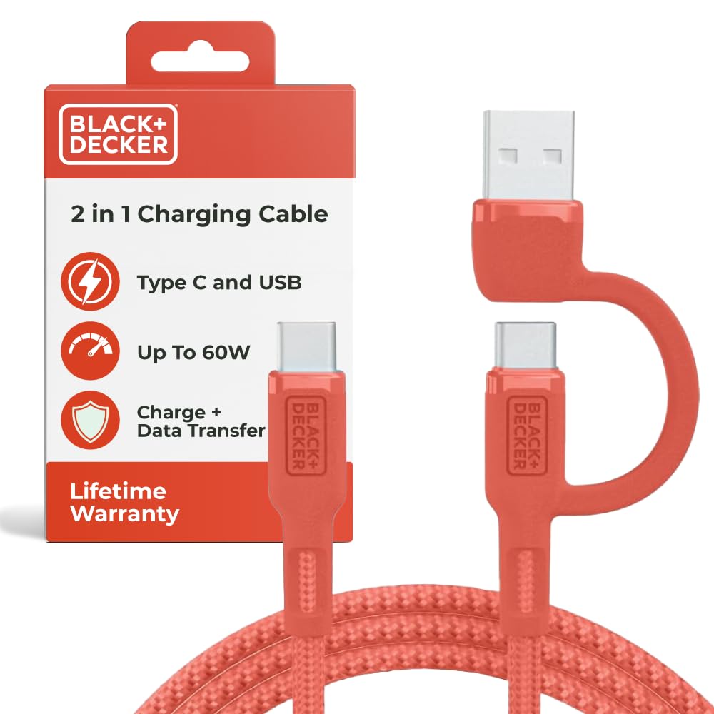 BLACK+DECKER USB C Multi Charging Cable, Fast Multi Charger Cable w/Adapter, Braided 2 in 1 Multiple USB Cable, Universal Charging Cord w/Type C/USB Adapter for iPhone 16 15/Samsung/LG/Tablets/More
