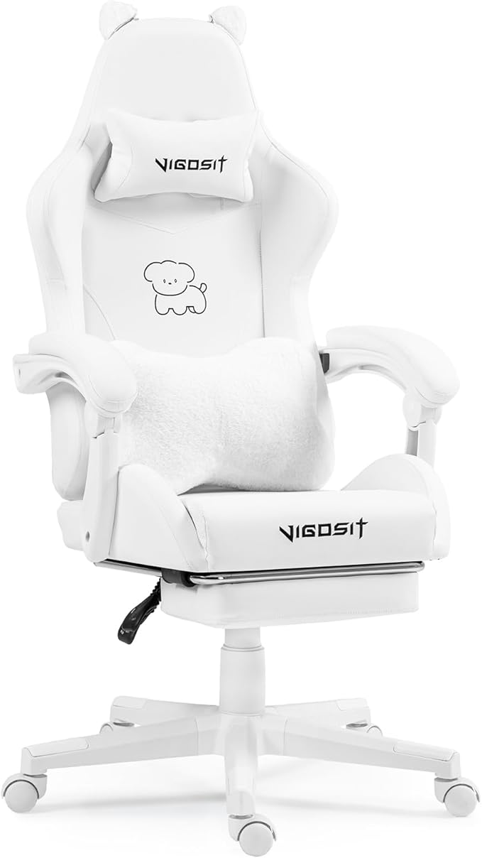 VlGOSlT Cat Ear Gaming Chair with Footrest - Adjustable Lumbar Support 310lbs Capacity.Removable Cute Ears Cotton-Filled Ergonomic Computer Chair for Girls/Teens (White)