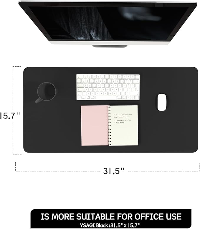 YSAGi Non-Slip Leather Desk Pad, Waterproof Laptop Computer Desk Keyboard Mat, Table Protector Blotter Mat, Large Mouse Pad for Office/Work/Home/Decor(Black, 31.5" x 15.7")