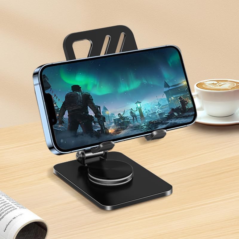 Adjustable Phone Stand with 360 Rotating Base Portable Foldable Carbon Steel Material Desktop Cellphone Stand Fits All Smart Phones-Black