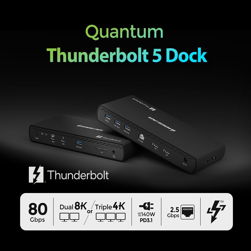 IOGEAR Quantum Thunderbolt 5 Dock Pro - 10 Devices - 80gbps - 2.5G - TB5 Host Dual 8K 60hz / Triple 4K Display 120hz - USB-A, SD 4.0, Audio - TAA - 140W Host Power - Includes PSU - Win 11 — GTD58KTAA